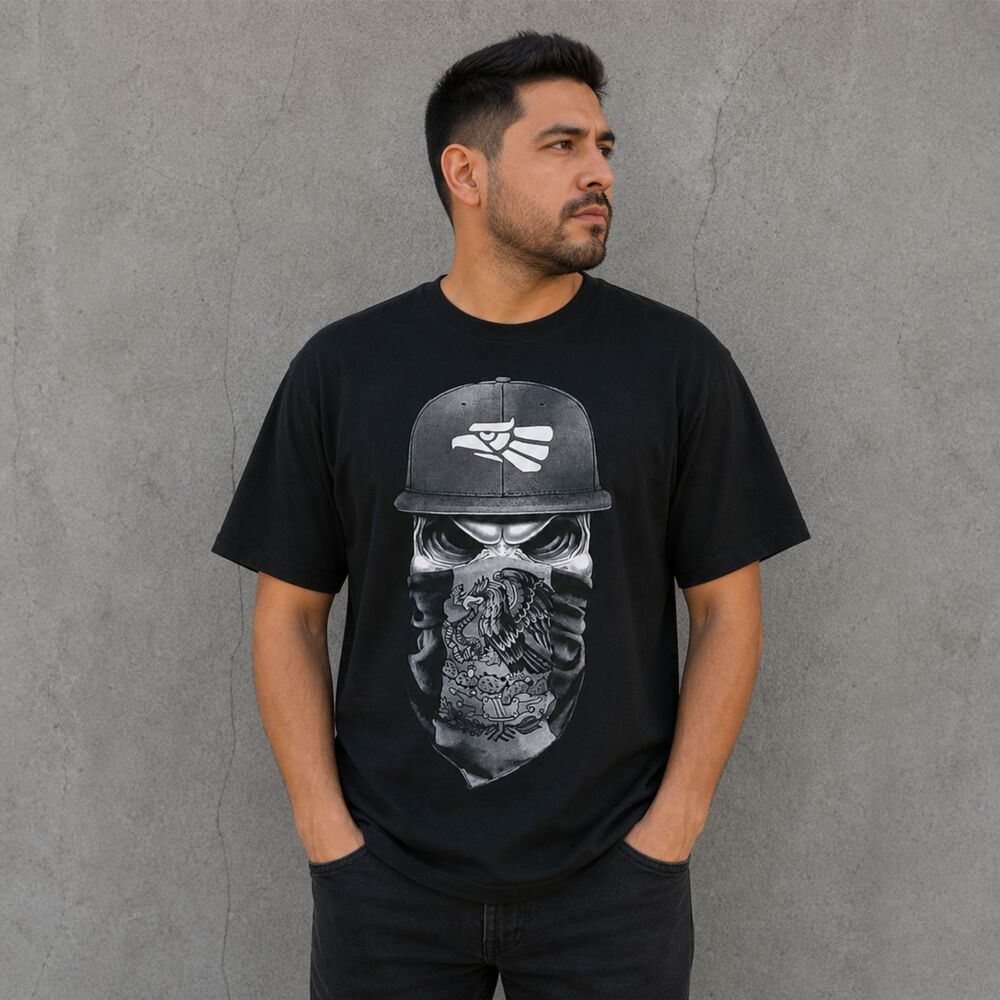 Men's Chicana Skull Embroidered Cap T-Shirt Black Streetwear Casual L